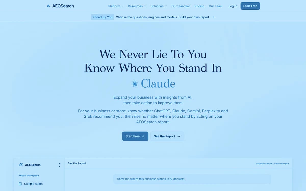 The home page of AEOSearch: the headline 'We Never Lie To You. Know Where You Stand In Claude' above two buttons and the start of a report workspace, printed as a sky duotone card.