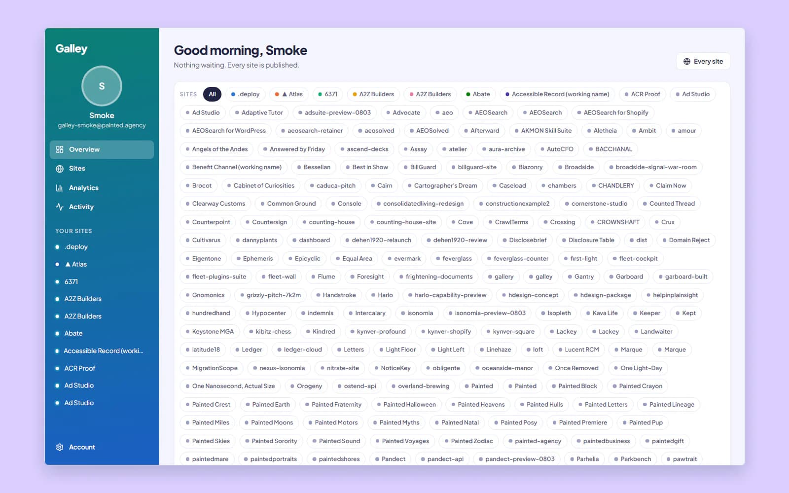 The Galley desk overview: the sidebar, the greeting 'Good morning, Smoke' and a wall of site chips for 304 sites, set on a lilac proof margin.