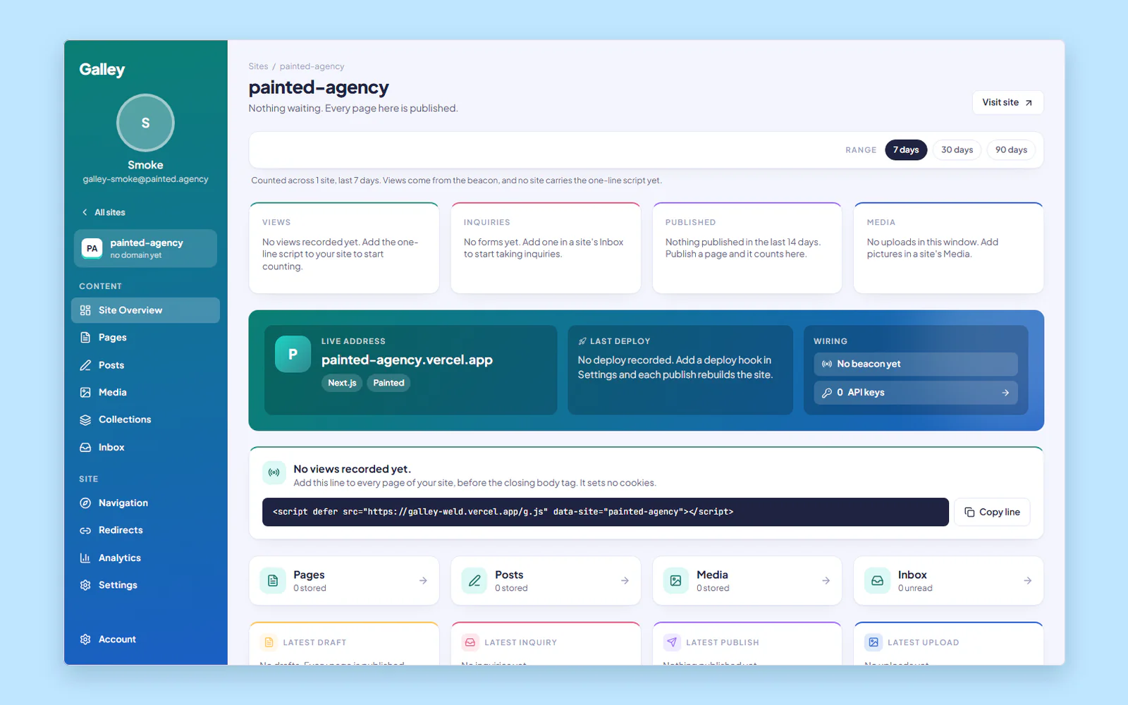 The Galley overview for one site, painted-agency: four tally cards, its live address, the one-line script to add and empty charts, set on a sky proof margin.