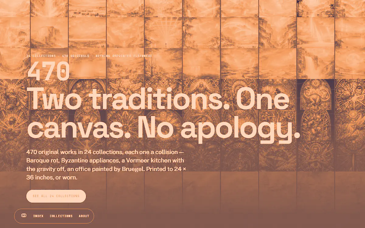 The home page of Feverglass: a wall of saturated paintings of canyons, skies and waterfalls under the headline 'Two traditions. One canvas. No apology.', printed as a peach duotone card.