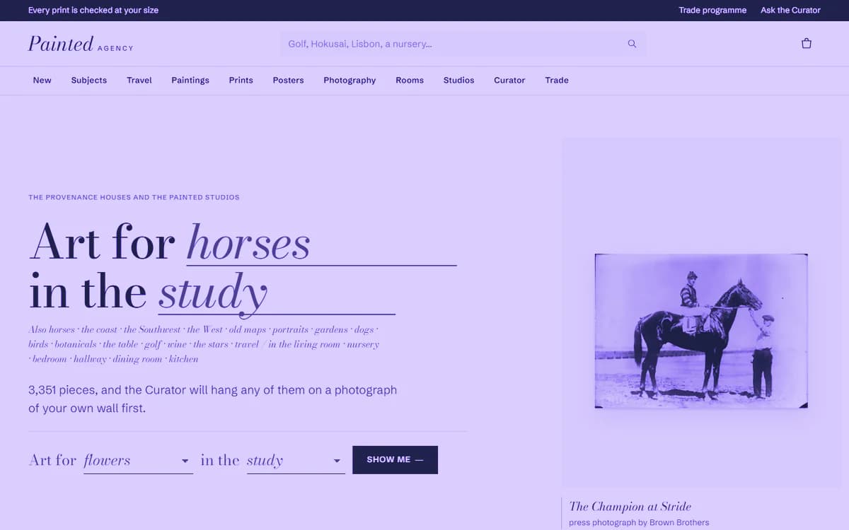 The home page of painted.agency: the headline 'Art for horses in the study' beside a framed black-and-white press photograph of a jockey and a racehorse, printed as a lilac duotone card.