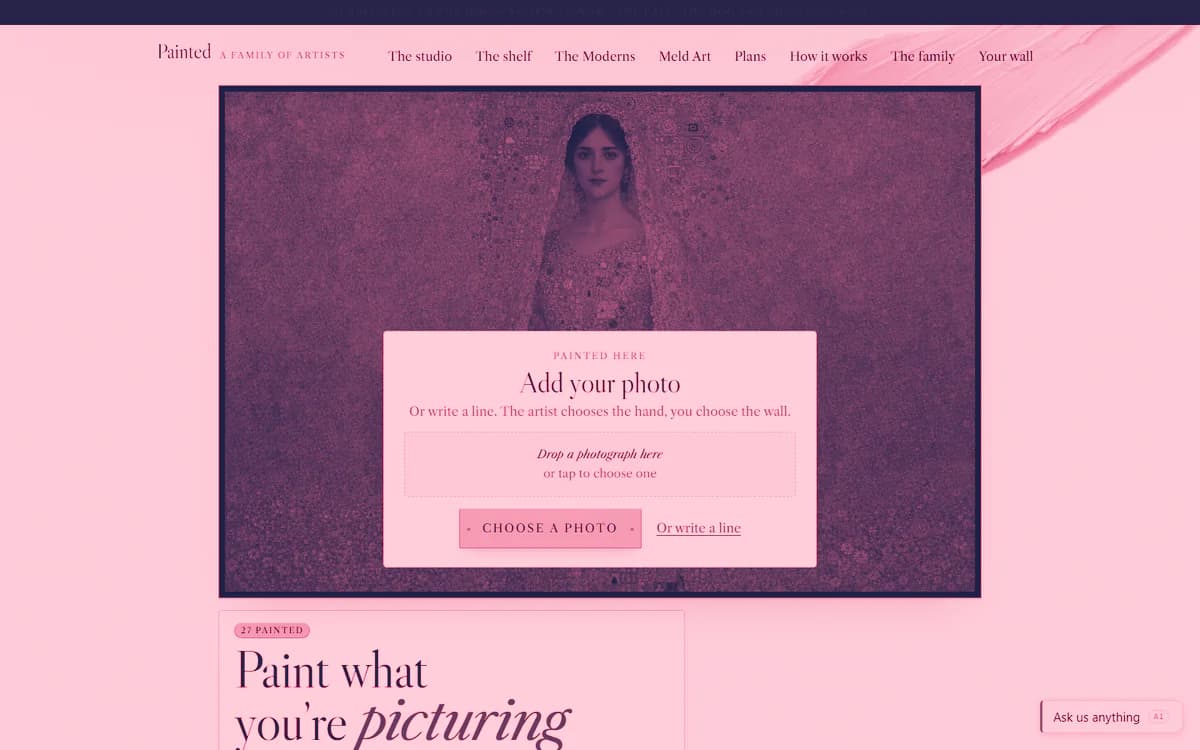 The home page of Painted: a gold-toned portrait of a veiled woman with an 'Add your photo' upload panel over it, printed as a rose duotone card.