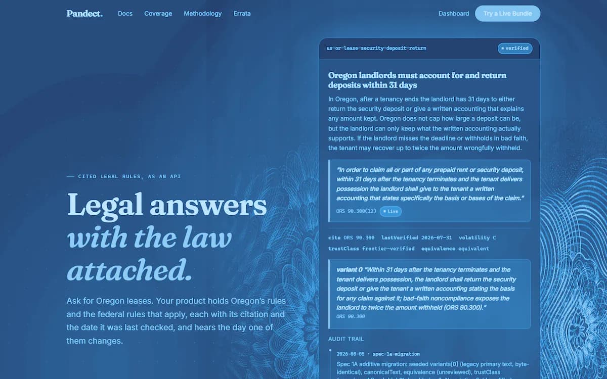 The home page of Pandect: the headline 'Legal answers with the law attached.' beside a card citing the Oregon deposit-return rule ORS 90.300, printed as a sky duotone card.