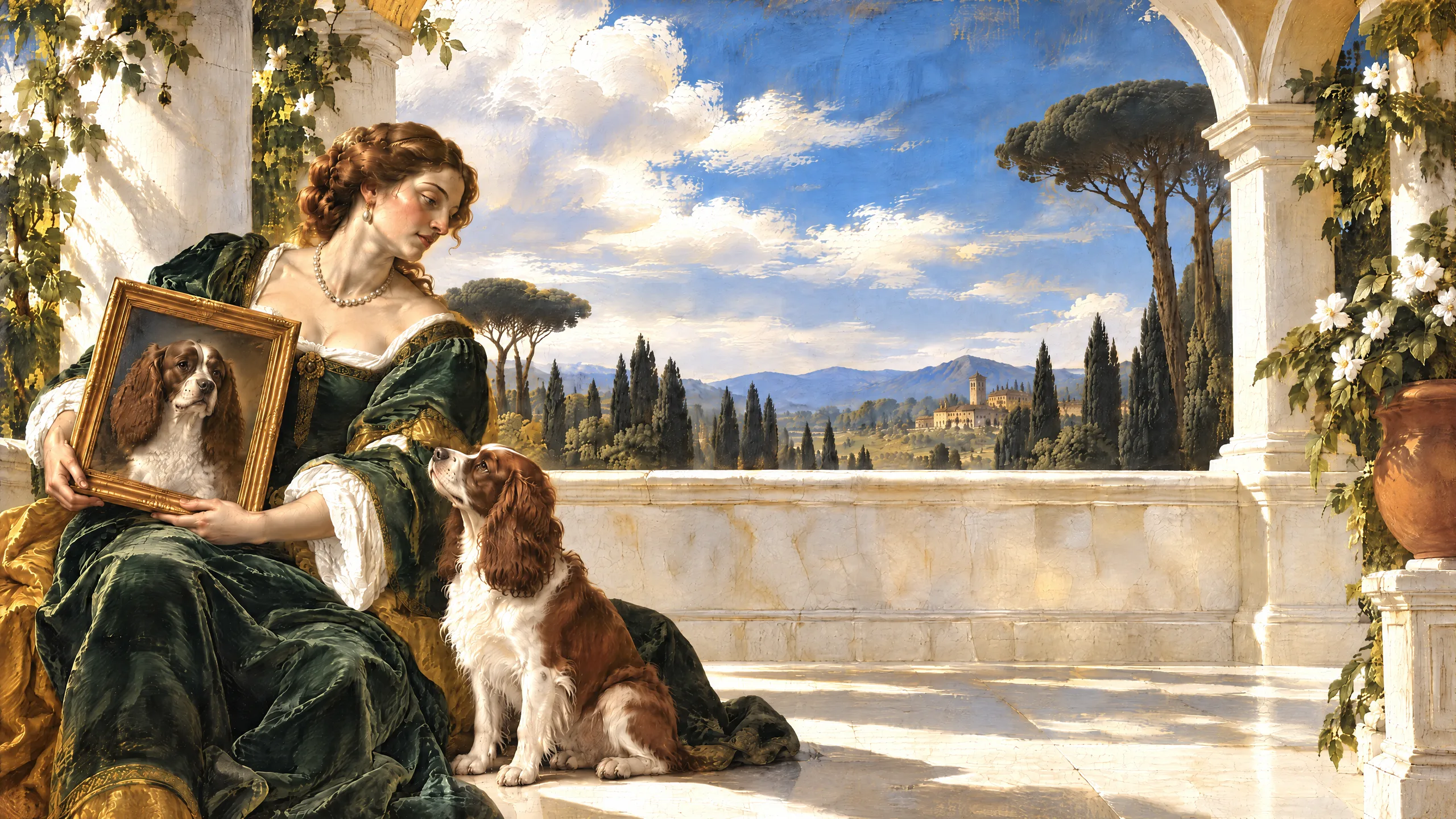 An oil painting of a noblewoman in green velvet seated in a sunlit loggia, holding a gilt-framed portrait of a brown-and-white spaniel while the real spaniel sits at her side and looks up at her.