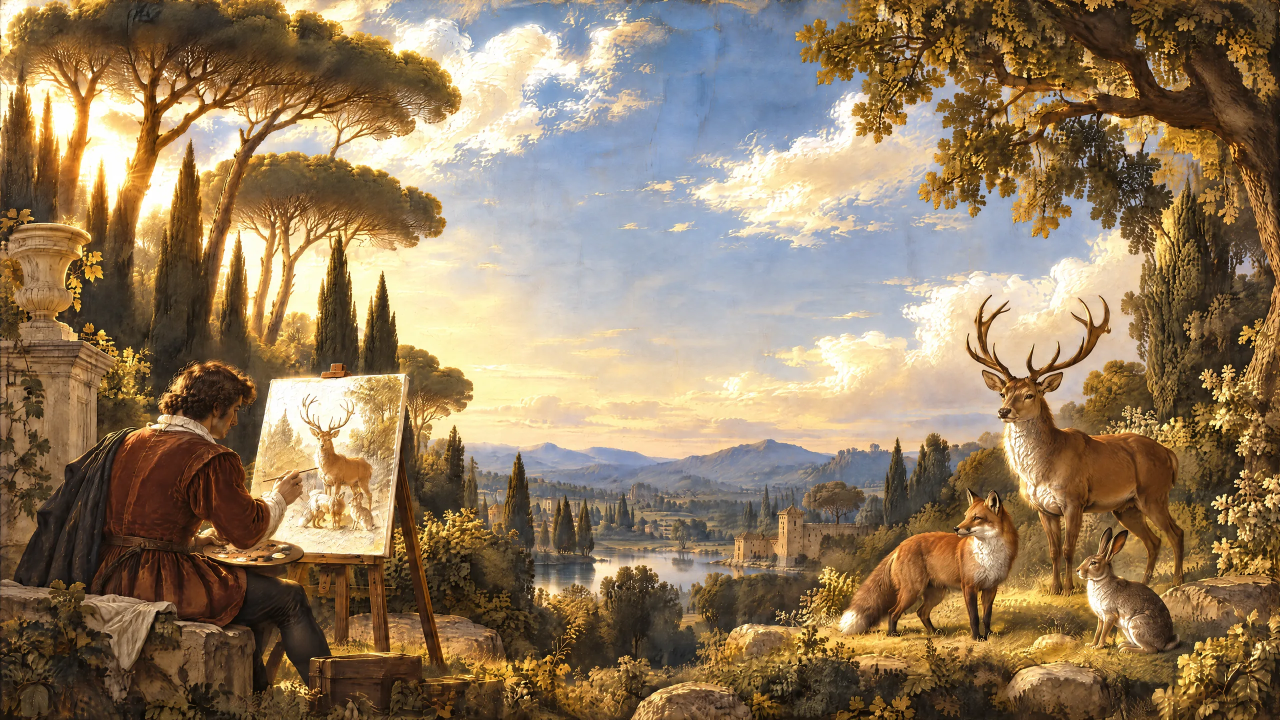 An oil painting of a wooded park at golden hour where a painter at his easel paints a red stag, a fox and a hare standing calmly together in the clearing beside him.
