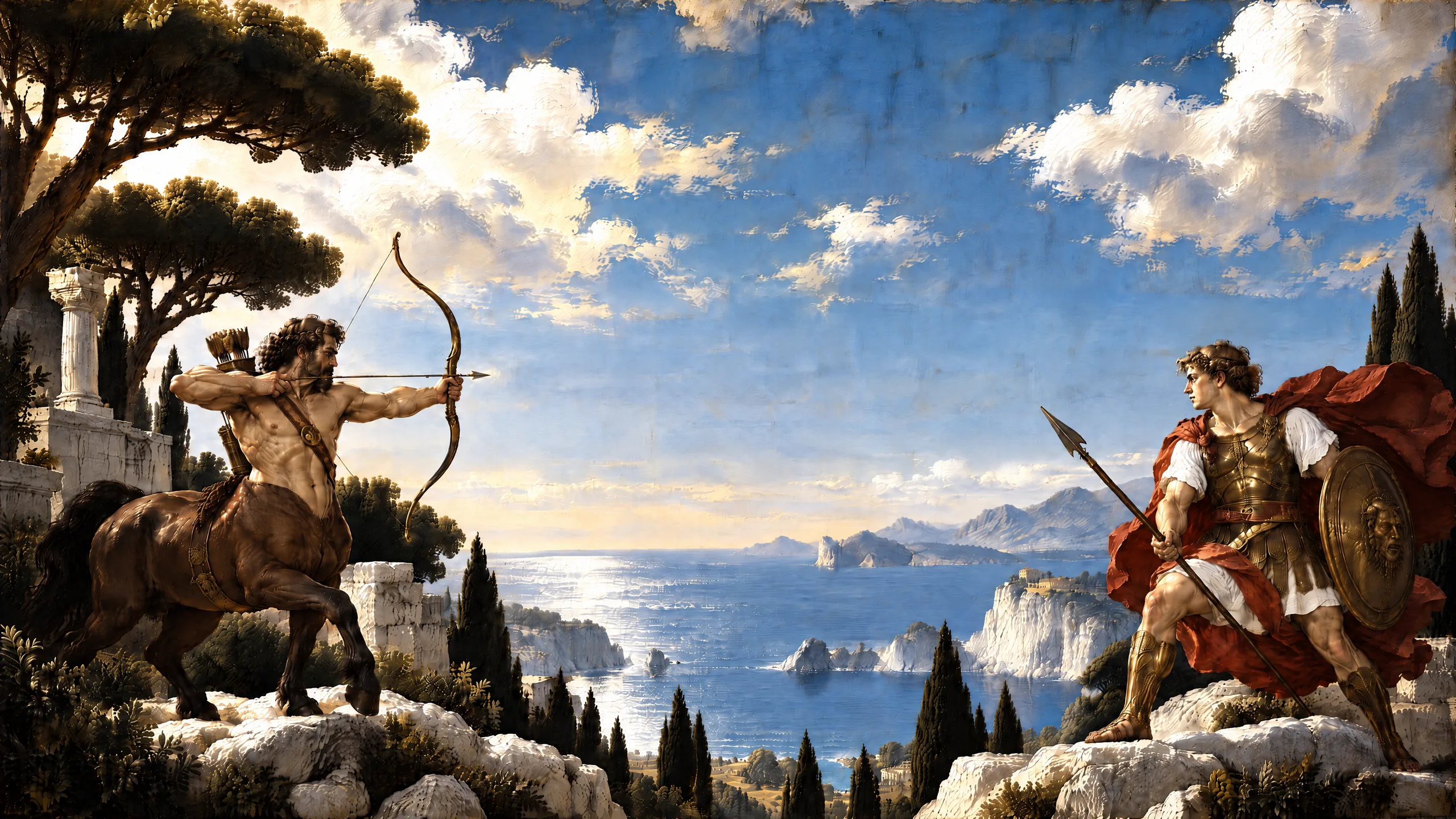 An oil painting of a centaur drawing a bow and a young hero in bronze armour and a red cloak, facing each other across a sunlit cliff above a blue sea.