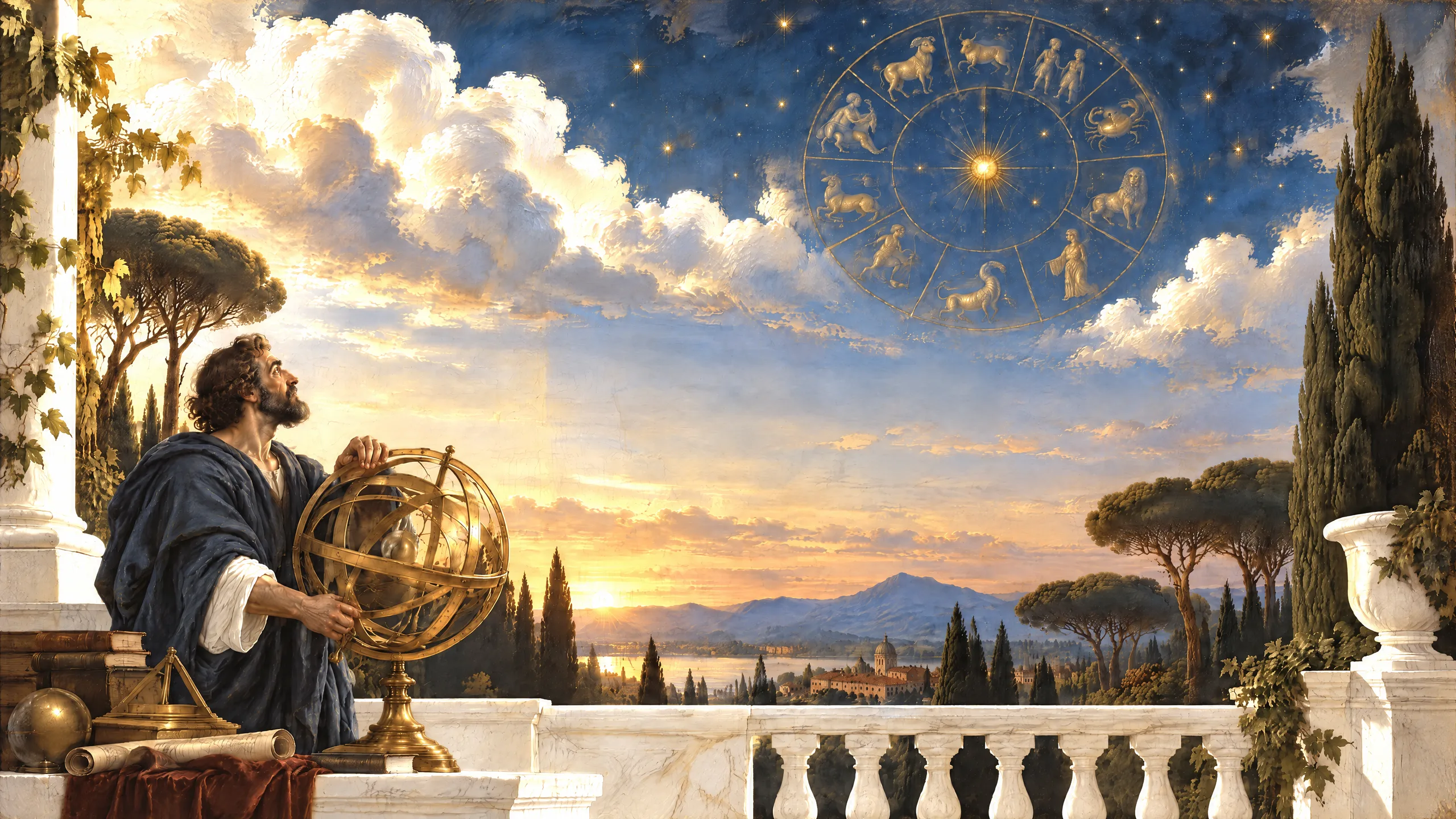 An oil painting of an astronomer in a blue robe beside a brass armillary sphere on a marble terrace at dusk, with a golden zodiac wheel of animal emblems glowing in the sky.