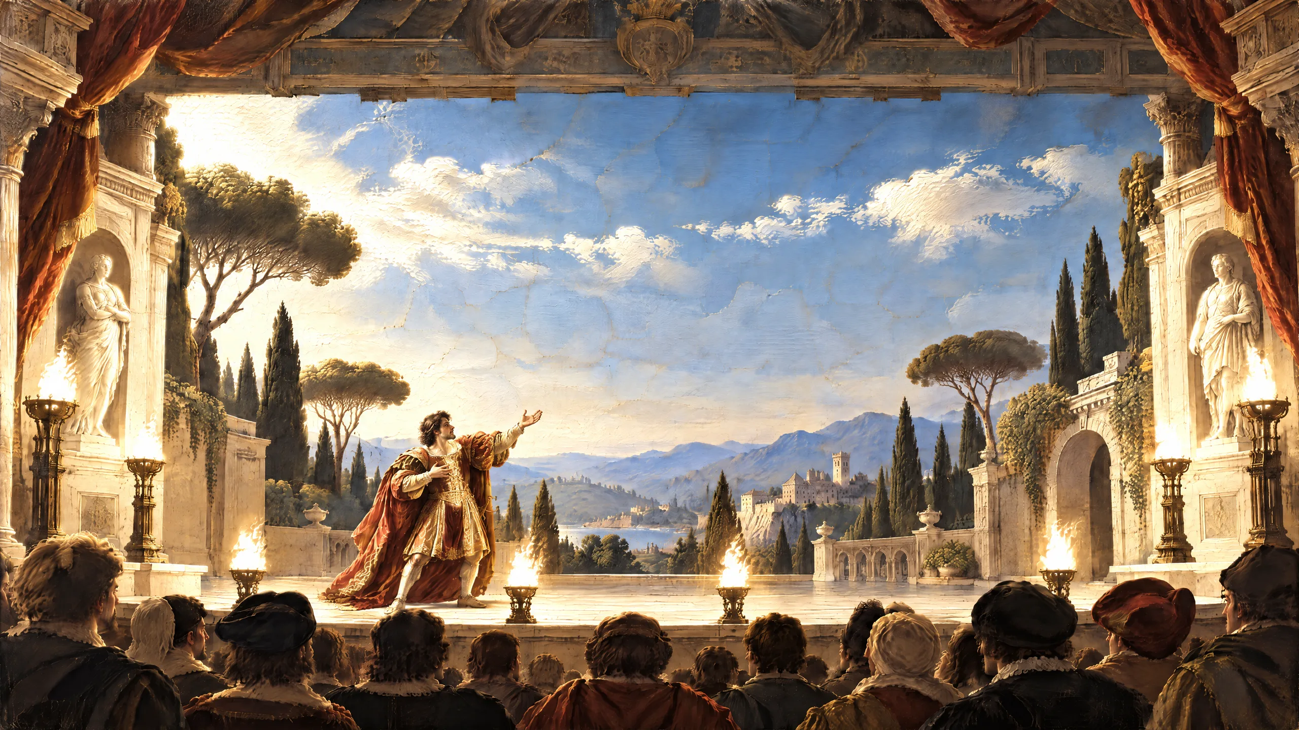 An oil painting of a Renaissance theatre lit by torches, where an actor in crimson and gold declaims on stage before a painted backdrop of hills and a lake while the audience watches from the dark.