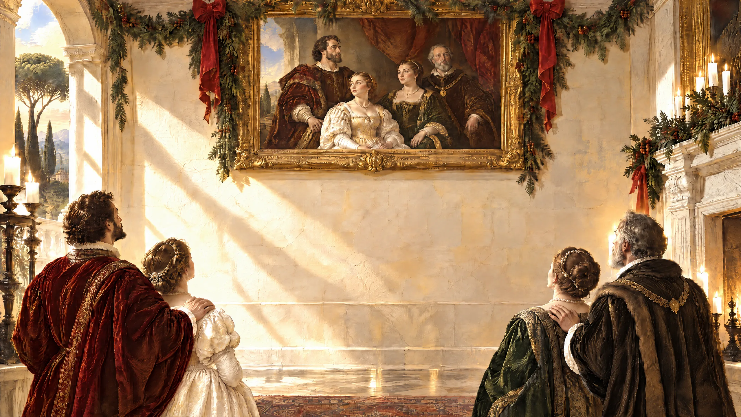 An oil painting of a palazzo hall dressed with evergreen garlands and red ribbons for Christmas, where a family seen from behind looks up at a gilt-framed portrait of themselves.