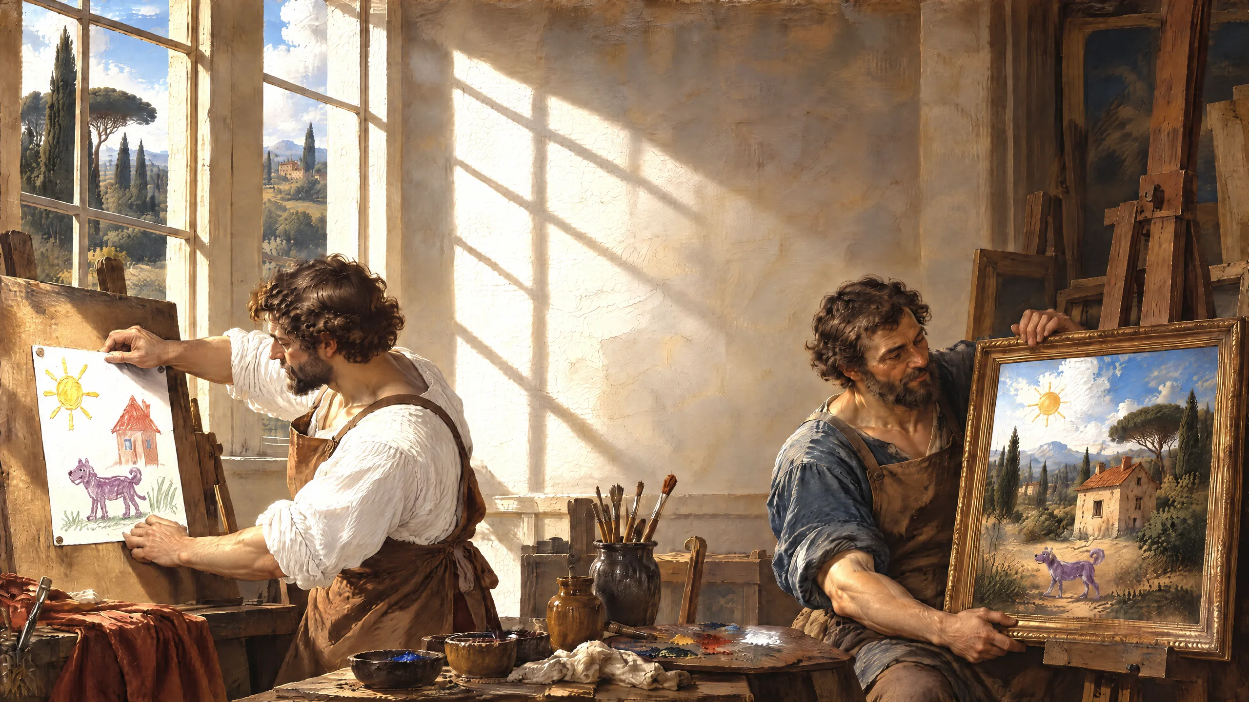 An oil painting of a sunlit workshop where one craftsman pins up a child's crayon drawing of a sun, a house and a purple dog, and another holds up a finished oil painting of the same scene.