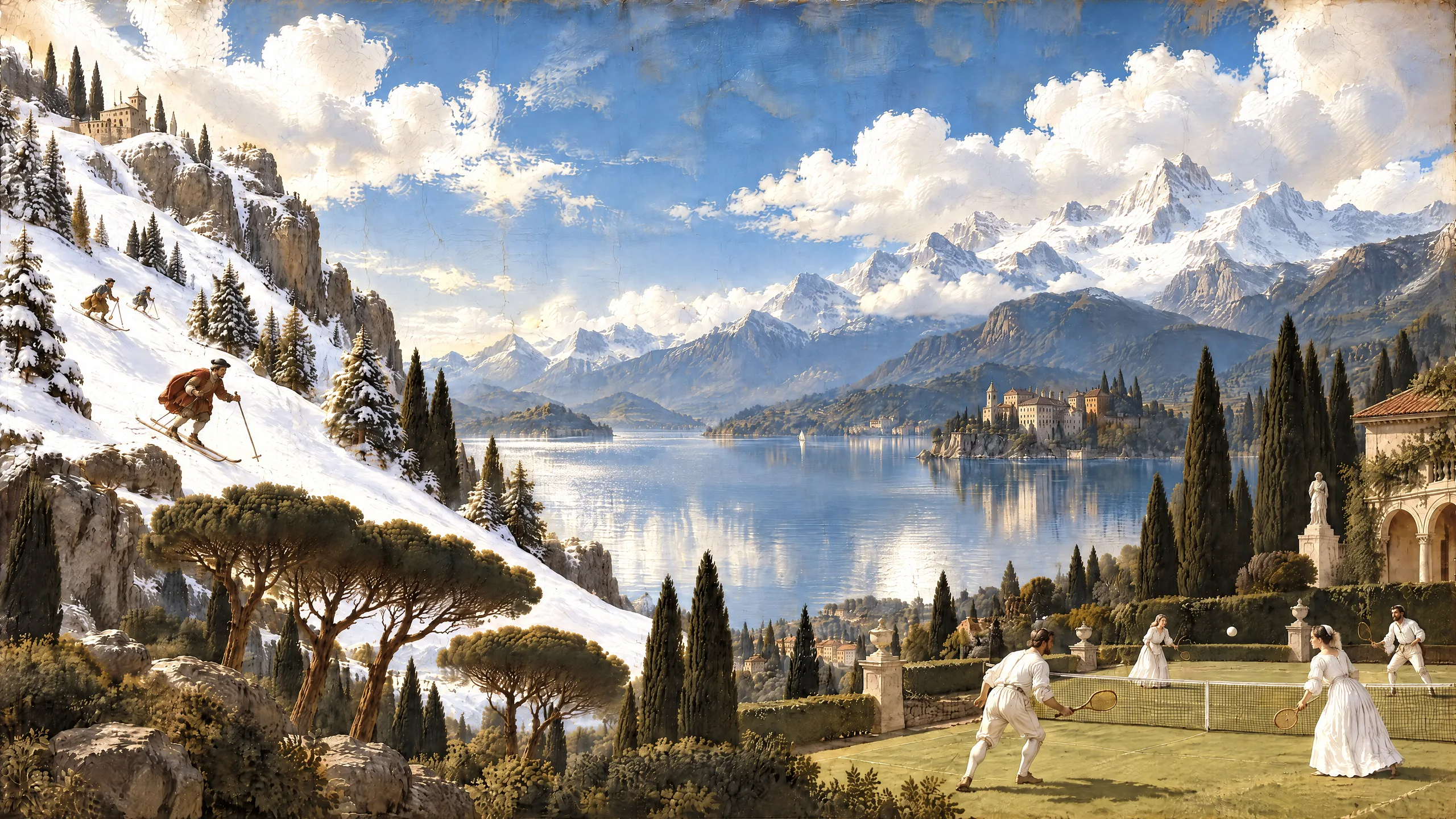 An oil painting of an alpine lake under snowy peaks, with skiers on the slope to one side and players in white on a grass tennis court by a villa on the other.