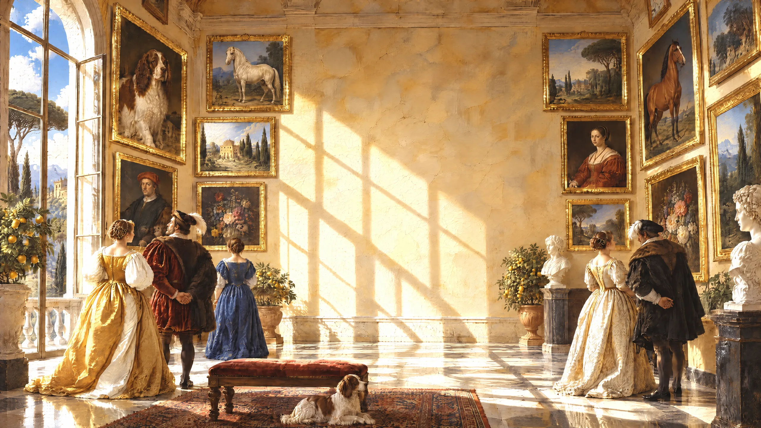 An oil painting of a sunlit villa gallery hung salon-style with framed paintings of a spaniel, horses, hillside views and portraits, while visitors in Renaissance dress stop to admire them.