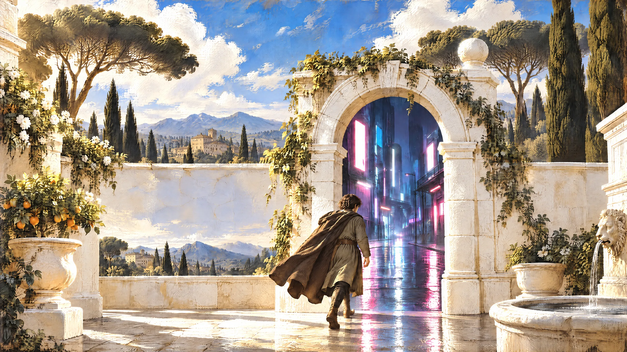 An oil painting of a young man in a cloak stepping through a stone archway in a sunlit Italian courtyard into a rain-wet city glowing with pink and blue neon.
