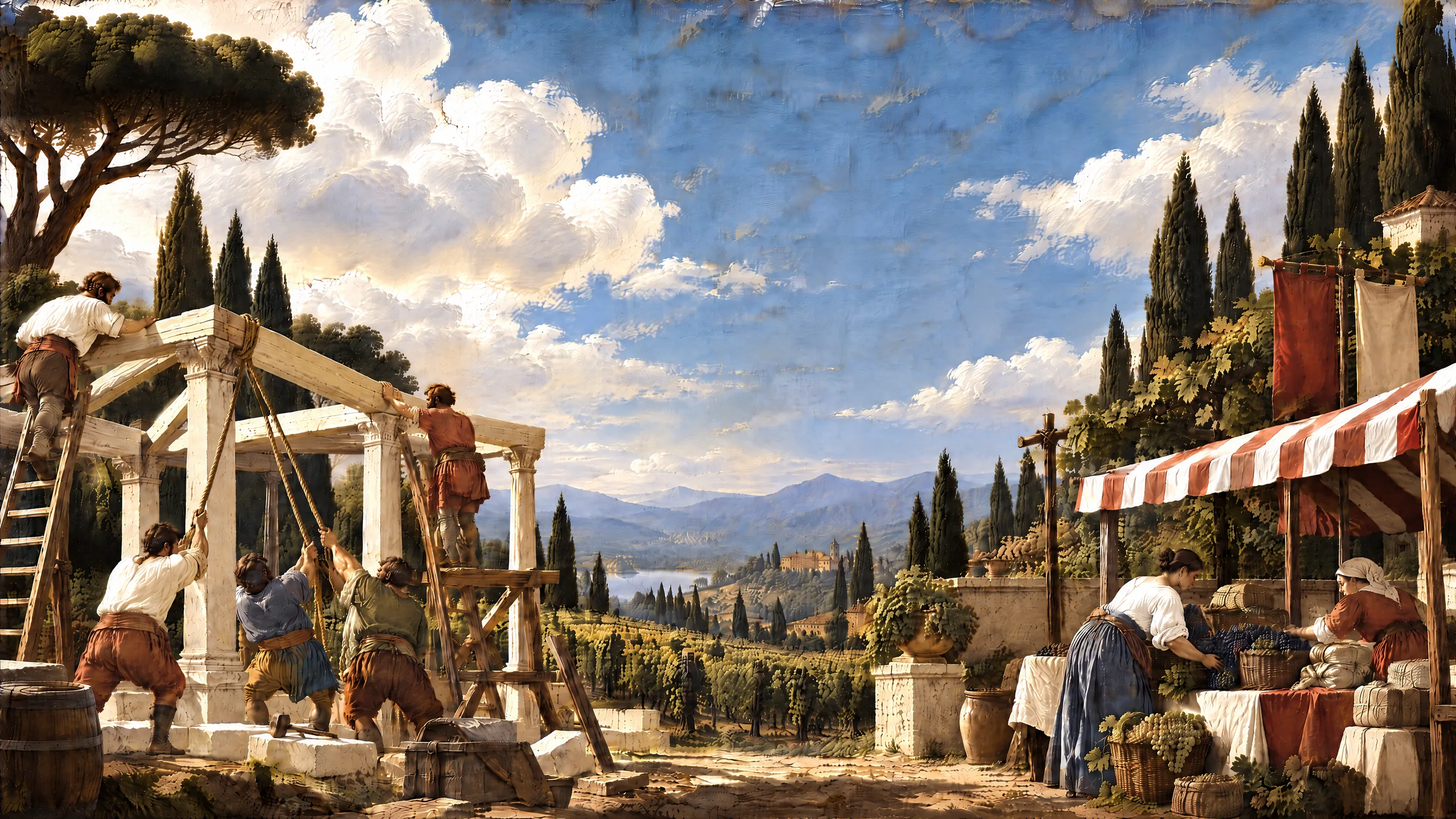 An oil painting of craftsmen hauling ropes to raise a timber pavilion in a hillside vineyard, beside a market stall with a striped awning and baskets of grapes.