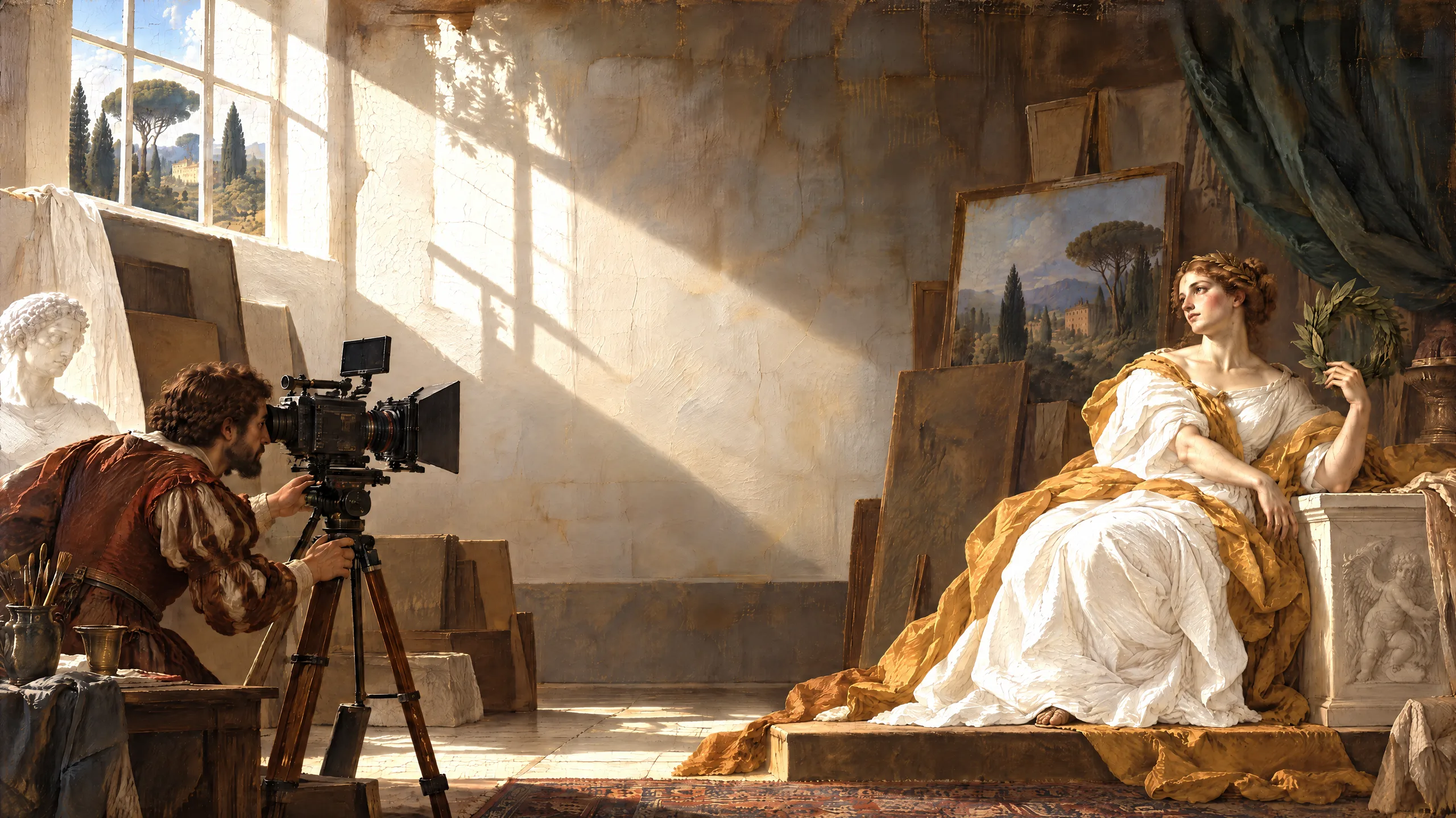 An oil painting of a studio lit by a high window, where a man looks through a modern cinema camera on a tripod at a woman in white and gold drapery posing as a goddess.