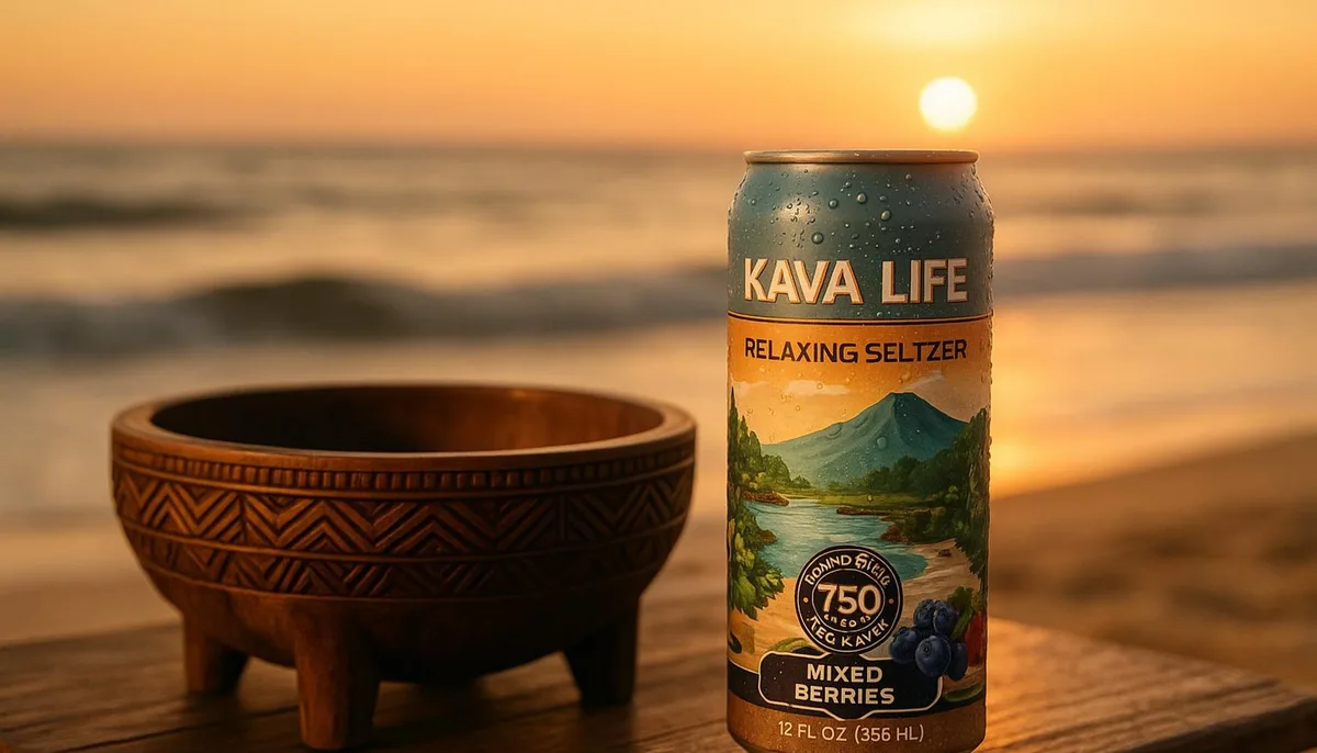 Kava on the beach at sunset, made by Kava Life