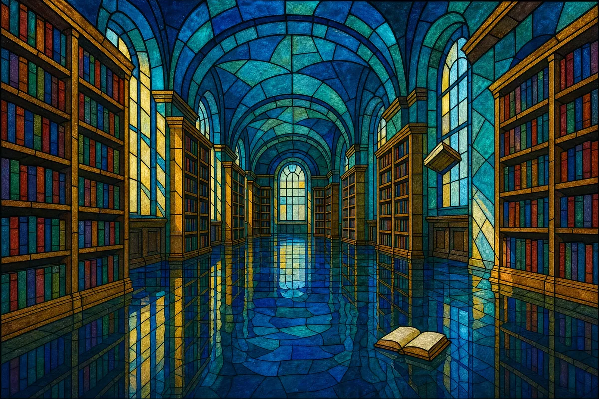 The drowned library in stained glass, made by Linehaze
