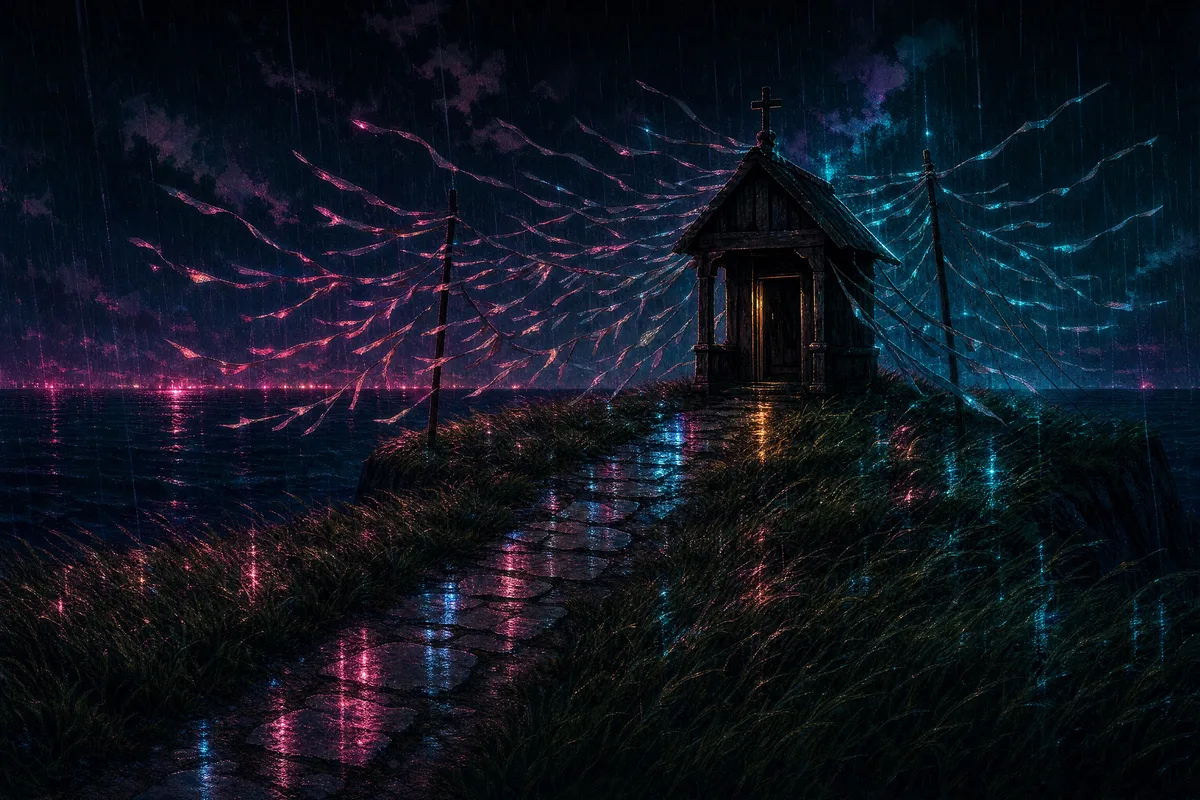 The wind shrine in neon rain, made by Linehaze