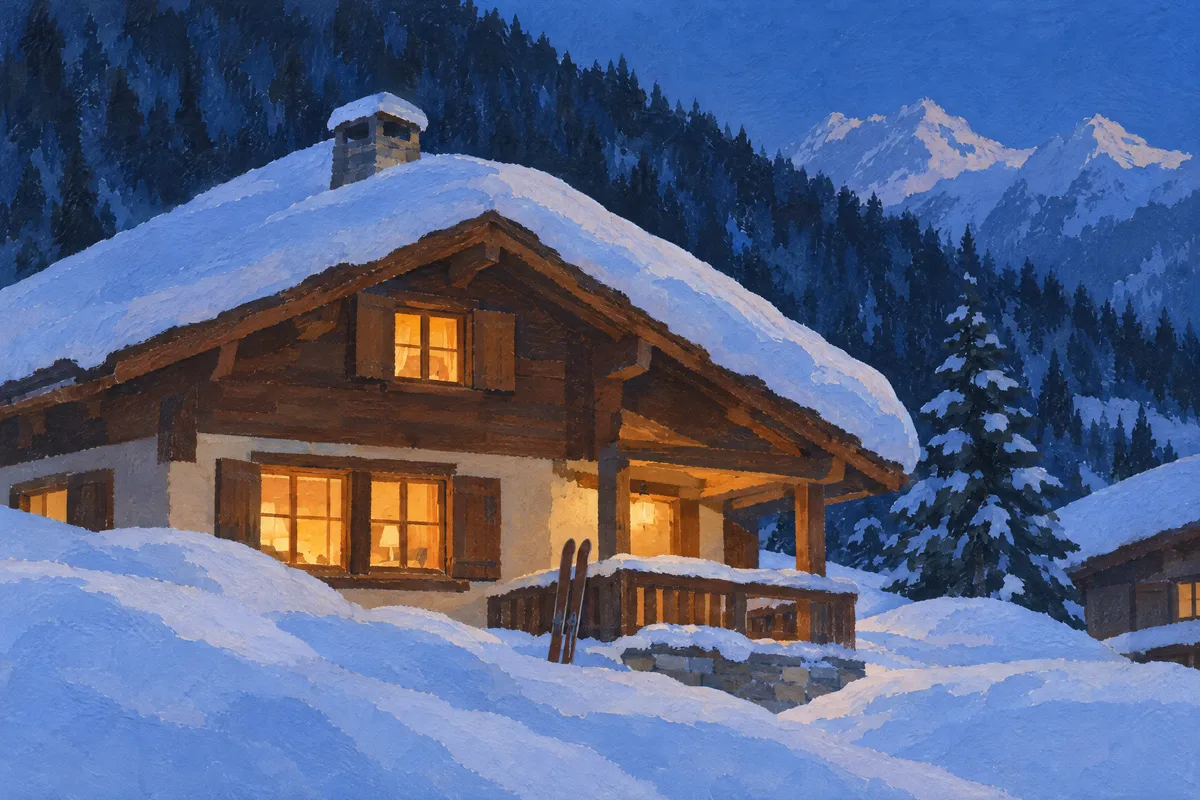 Chalet at dusk, made by Painted Agency