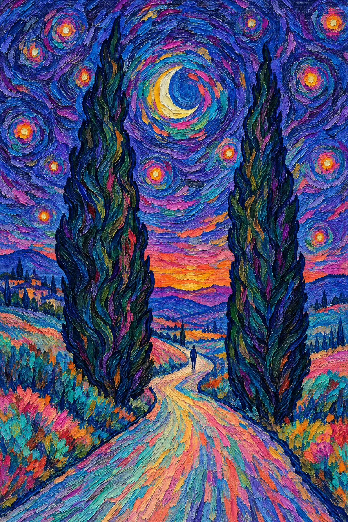 Cypress road under a crescent moon, made by Painted Agency