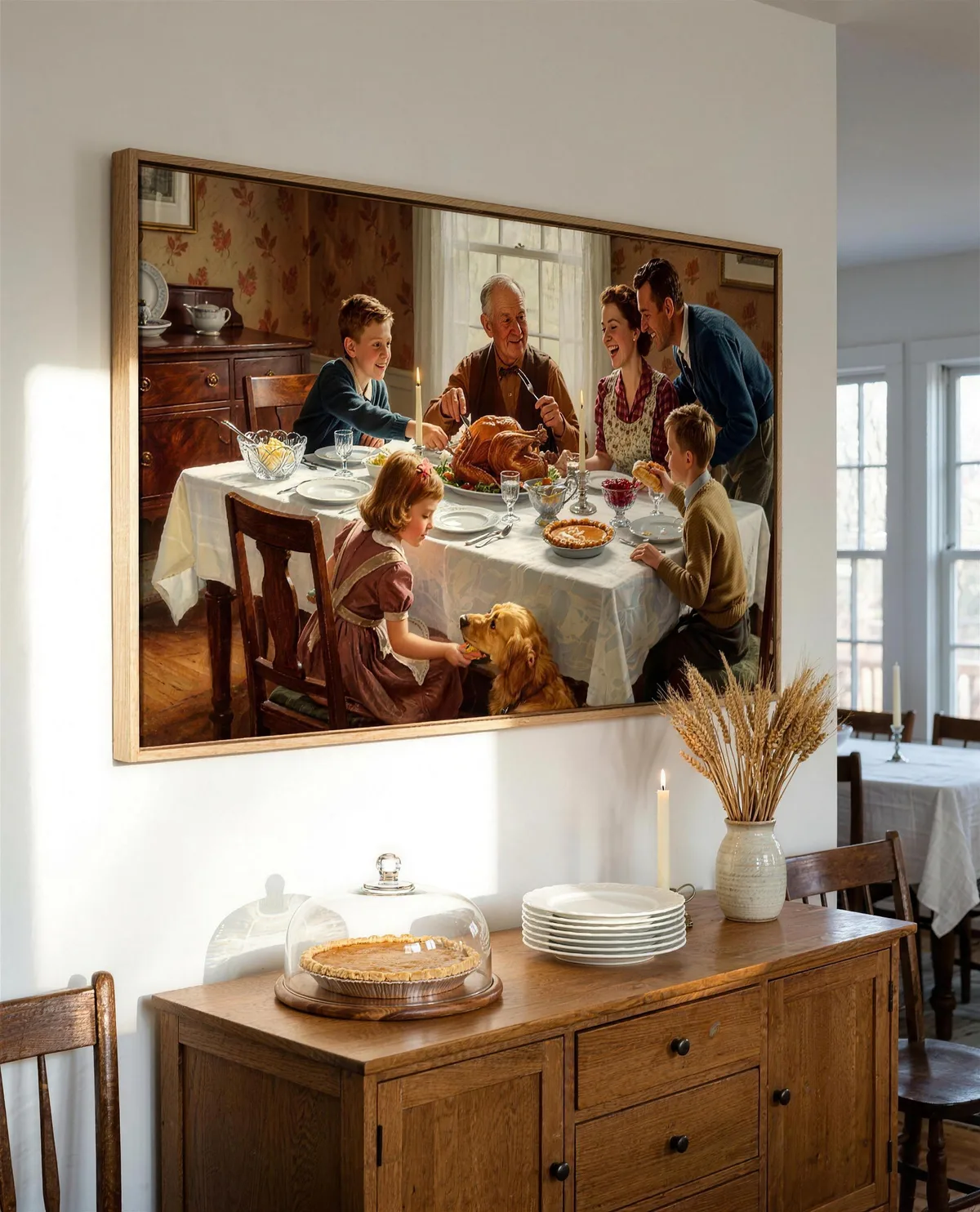 Thanksgiving canvas in the dining room, made by Painted Holidays