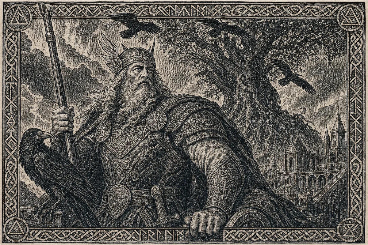 Odin in Asgard, woodcut, made by Painted Myths
