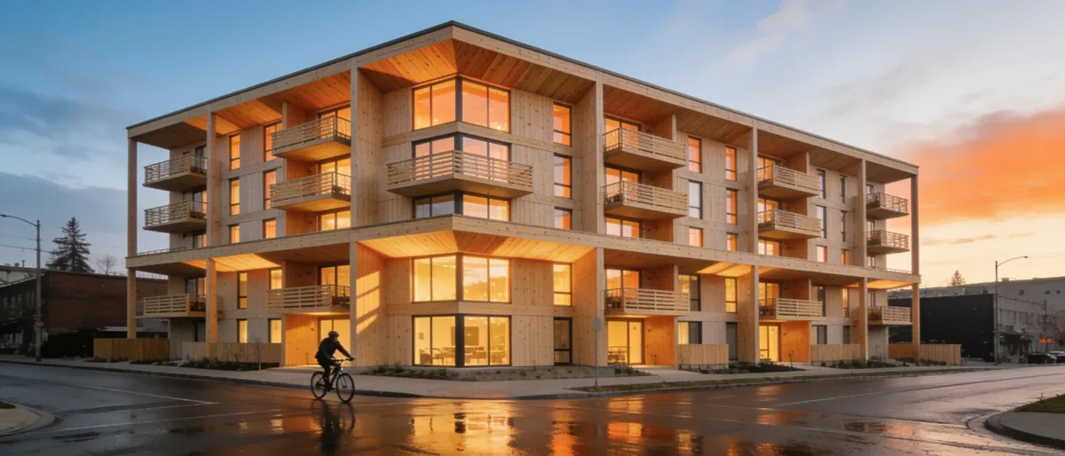 Timber building at dusk, made by Plansmith