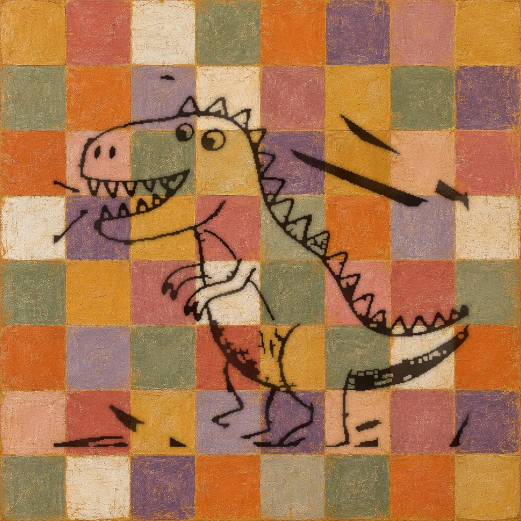 Dinosaur on painted squares, made by Treasures Kept