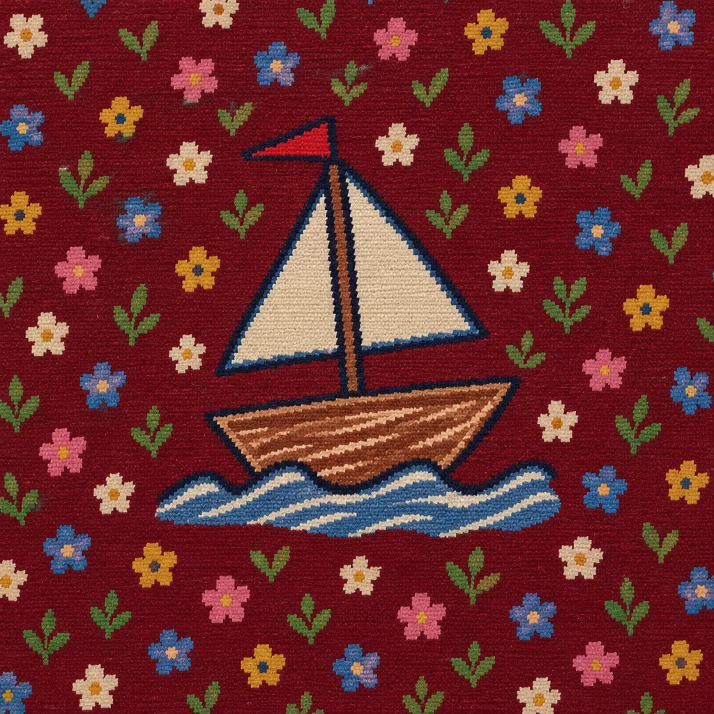 Sailboat on a field of woven flowers, made by Treasures Kept